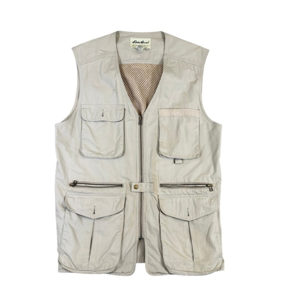 Eddie Bauer Mens Tan Khaki Cotton Fishing Utility Cargo Vest Medium M 11790